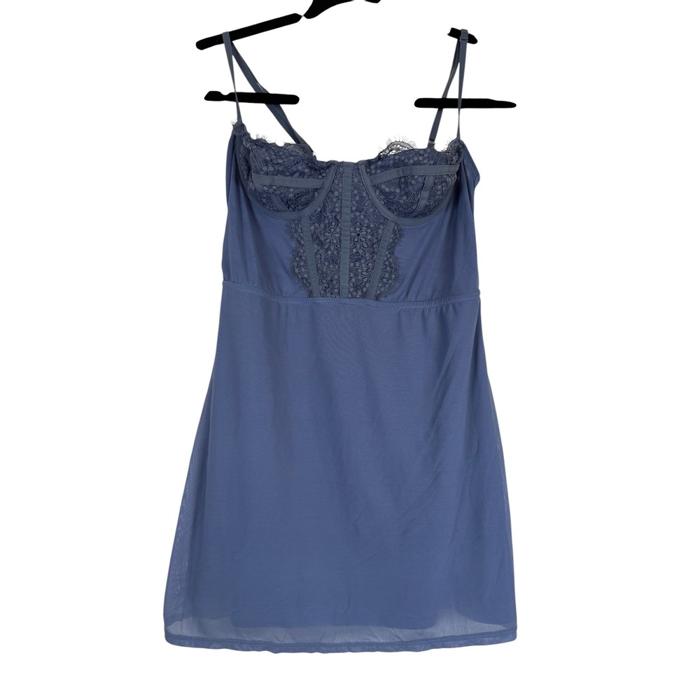 Urban Outfitters Blue Lace Corset Mesh Mini Dress Adjustable Straps Size Medium